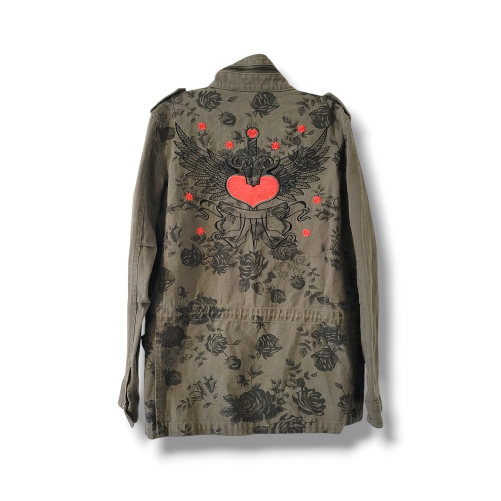 Signature8 | Olive Edgy Military Style Floral Embroidered Utility Jacket